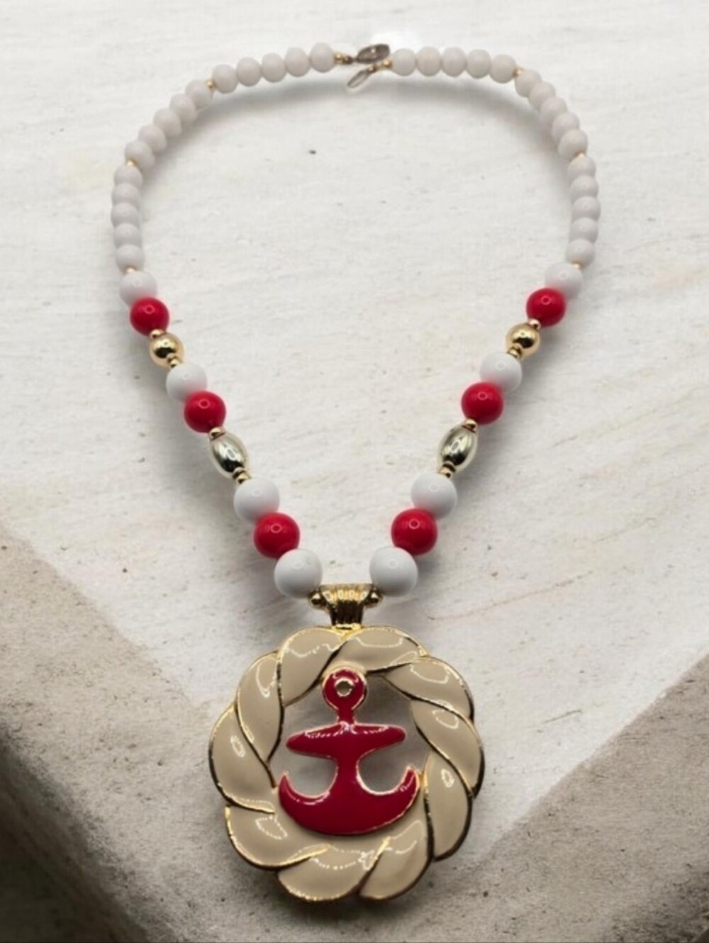 Vintage 60s Nautical Enamel Anchor Statement Necklace White Red Gold 24"